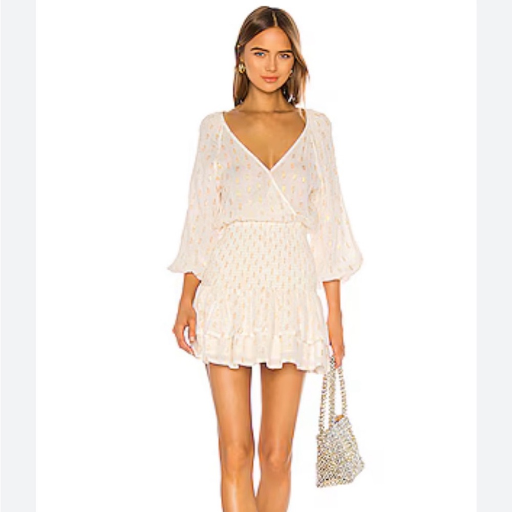 Suboo mae‎ shirred mini dress in ivory & gold